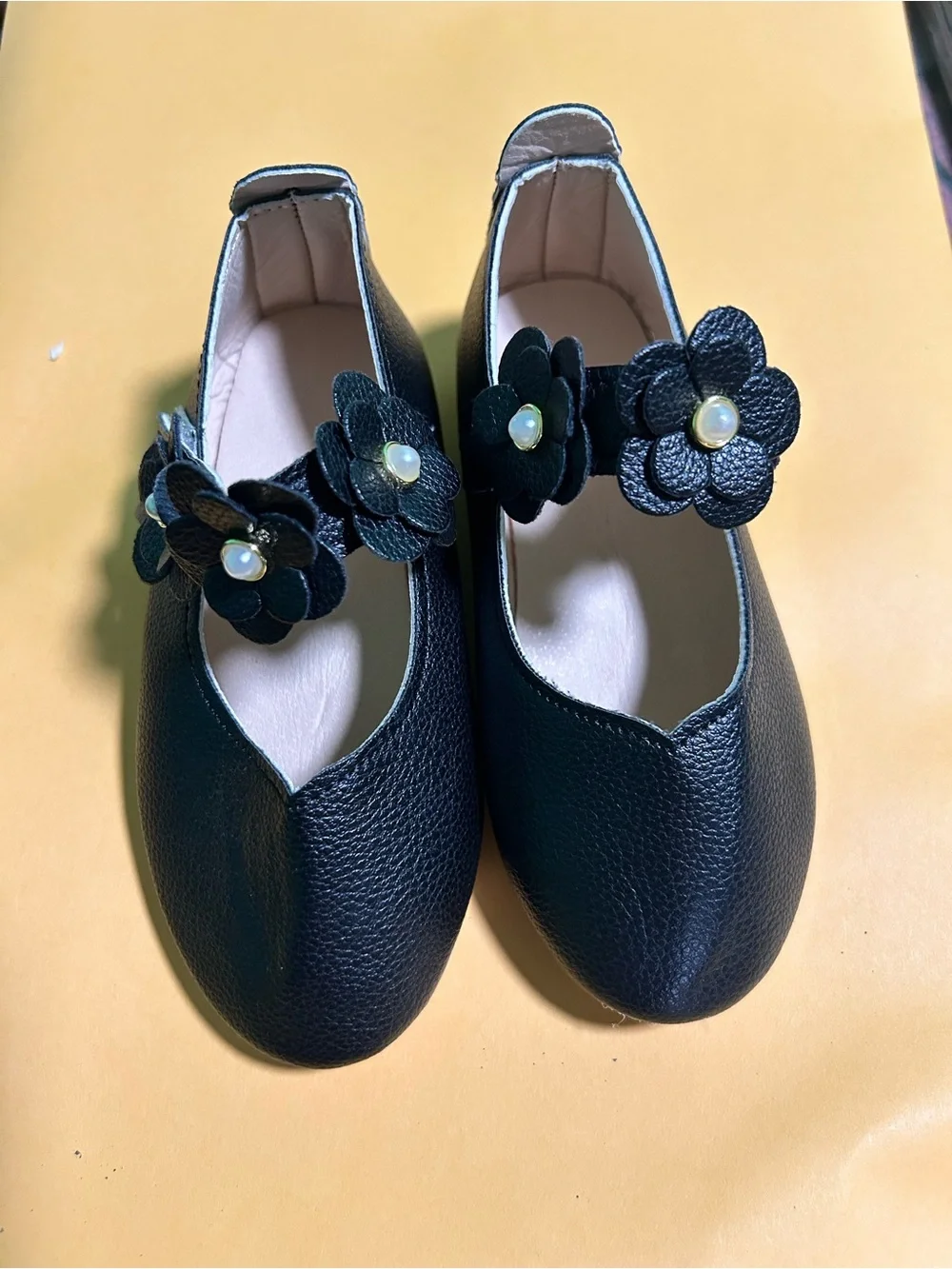 Girls Black Floral Strap Mary Jane Shoes